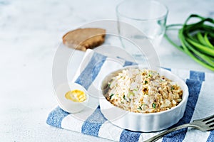 Canned Tuna red onion egg salad on the plate