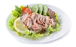 Canned tuna with vegetable salad and lemon