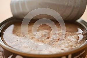 canned tuna on wooden table ,