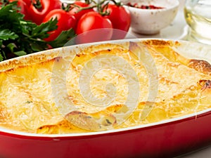 Cannelloni with filling of ricotta and parsley, baked with bÃ©chamel sauce, side view, white marble background