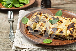 Cannelloni with minced beef and spinach baked in bÃ©chamel sauce