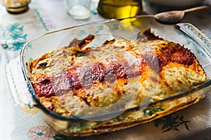 Cannelloni with spinach close up, tomato sauce, bachamel and cheese on table cloth. Traditional homemade classic italian cuisine