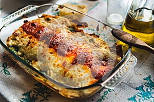 Cannelloni with spinach close up, tomato sauce, bachamel and cheese on table cloth. Traditional homemade classic italian cuisine