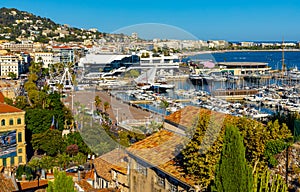 Cannes city center with yacht port and film festival Palace of Festivals and Congresses in France