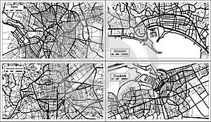 Cannes, Clermont-Ferrand, Dunkirk and Dijon France Maps Set in Black and White Color photo