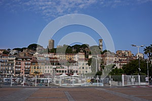 Cannes, France - June 16, 2021 - view of the Old Town - the church of Notre-Dame de I`EspÃÂ©rance - in the middle of Le Suquet, photo
