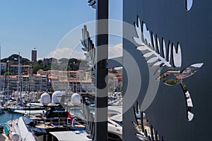 CANNES, FRANCE-MAY 14: Logo of Festival Palace shown on may, 2018 in Cannes, France. The red carpet for the famous photo