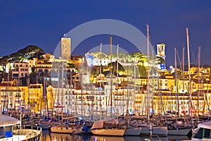 Cannes. Old town of Cannes and sailing harbor evening view, French riviera