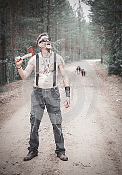 Cannibal Man in glasses with axel and two ghost on the road