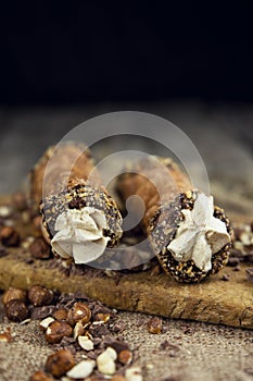 Cannoli, deep fried Italian pastry tubes with a sweet ricotta cheese, chocolate chips and hazelnuts served on a wooden board