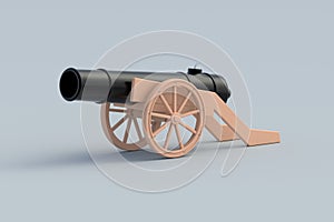 Cannon on gray background. Old weapon. Antique artillery on wheels. Vintage firearm. Civil war reenactment.