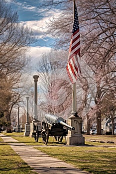 cannon in a historic military park with american flag at half-mast