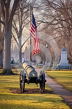 cannon in a historic military park with american flag at half-mast