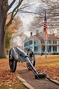 cannon in a historic military park with american flag at half-mast