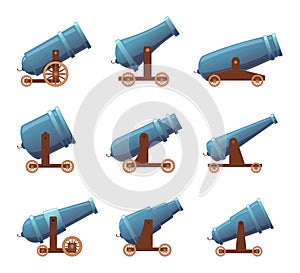 Cannon retro guns. Military pirate aggression artillery heavy medieval fight weapons vector cartoon set isolated