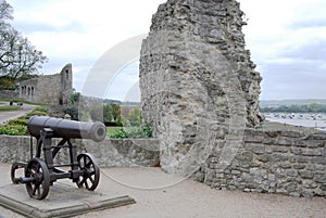 Cannon at Rochester Castle  Kent  England overlooking the River Medway