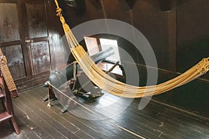 Cannon side view inside a Spanish galleon