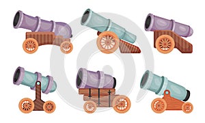 Cannon with Wooden Wheeled Gun Carriages Vector Set