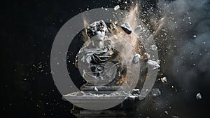 A cannonball smashing through a statue on a dark background