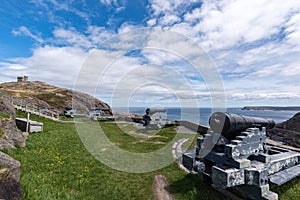 Cannons and Cabot Tower on Signal Hill, St. John`s, Newfoundland