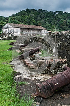 Cannons at Fuerte San Jeronimo fortress and Real Aduana customs house in Portobelo village, Pana