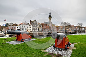 Cannons in the historic city of Veere, Zealand, the Netherlands on a gloomy day