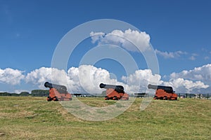 Cannons of the historic town fortification Campveerse Toren in Veere. Province of Zeeland in the Netherlands