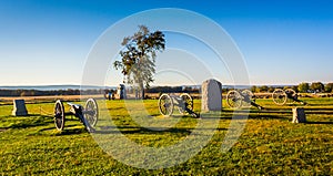 Cannons and monuments in Gettysburg, Pennsylvania.