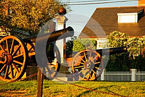 Cannons stand on a town green in Stonington, Connecticut