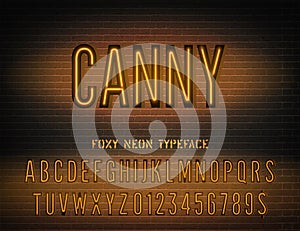 Canny sign with narrow orange neon alphabet on dark brick background. Foxy night light glowing effect font with numbers