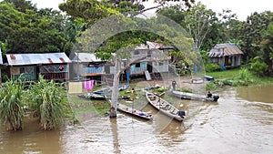 Canoe boats in a village on the Amazon River