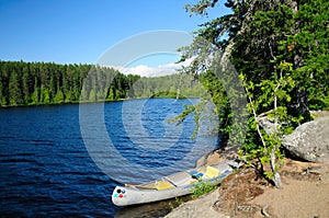 Canoe in camp in the Boundary Waters