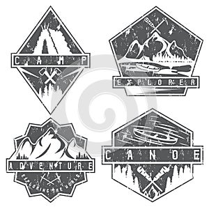 Canoe, camping and adventure vintage grunge labels set