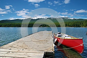 Canoe docking at Maligne lake, Alberta