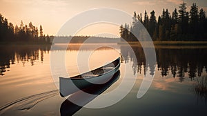 Canoe drifting on the lake at sunset