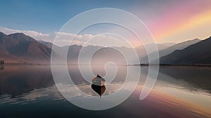 Canoe drifting on the lake at sunset. Serenity concept