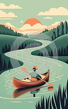 A canoe drifting lazily down a meandering river. illustration