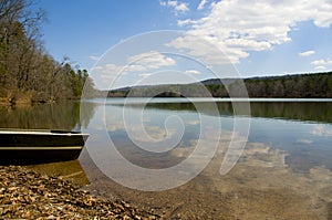 Canoe at edge of peaceful lake