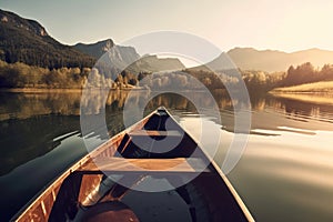 Canoe floating on a serene mountain lake surrounded by tall pine trees on a peaceful morning