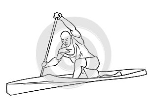 Canoe or kayak rowing. Single male rower with paddle.