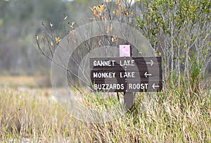 Canoe Kayak trail sign for Gannet Lake, Monkey Lake and Buzzards Roost. Okefenokee National Wildlife Refuge, Georgia