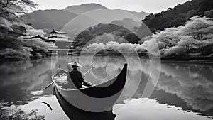 canoe on lake black and white photo Boatman punting the boat at river in autumn season along the river