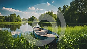 canoe on lake Spring summer landscape blue sky clouds Narew river boat green trees countryside grass