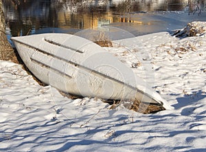 Canoe left in a snowy landscape