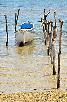 Canoe moored by posts