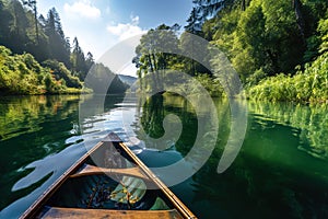 A canoe paddling down a river. View from canoe the front part.