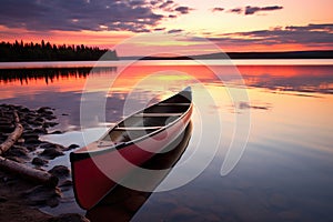 canoe resting on a tranquil lake shore at sunset