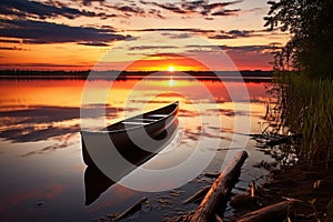 canoe resting on a tranquil lake shore at sunset