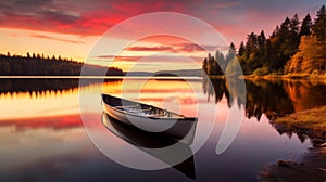 Canoe is sitting on a calm lake at sunset