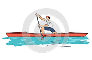 Canoe sprint, man athlete standing in support on one knee in single canoe.